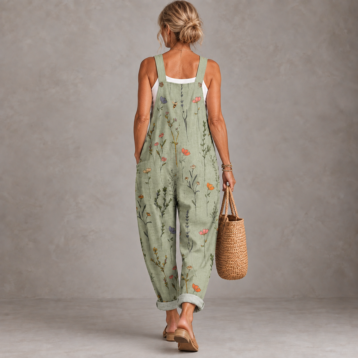 Meadow wildflower print overalls, back view