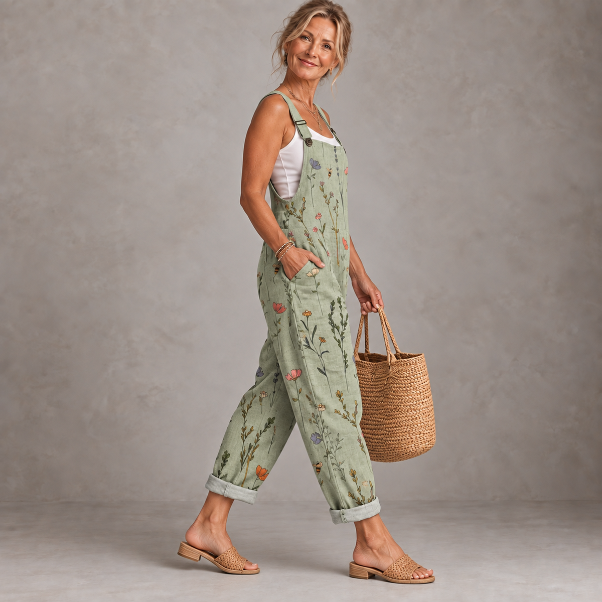 Meadow wildflower print overalls, side view
