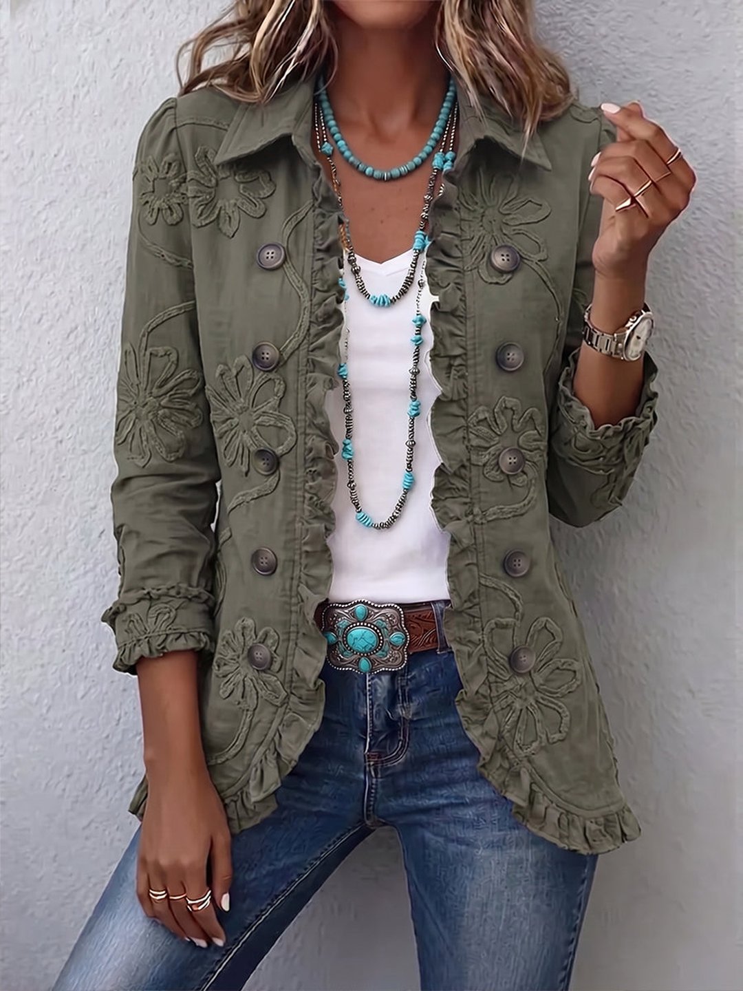Francisca | Embroidered Utility Jacket with Ruffle Trim