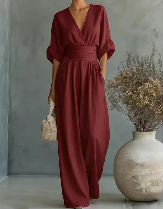 Elise | Deep V-Neck Wide-Leg Jumpsuit